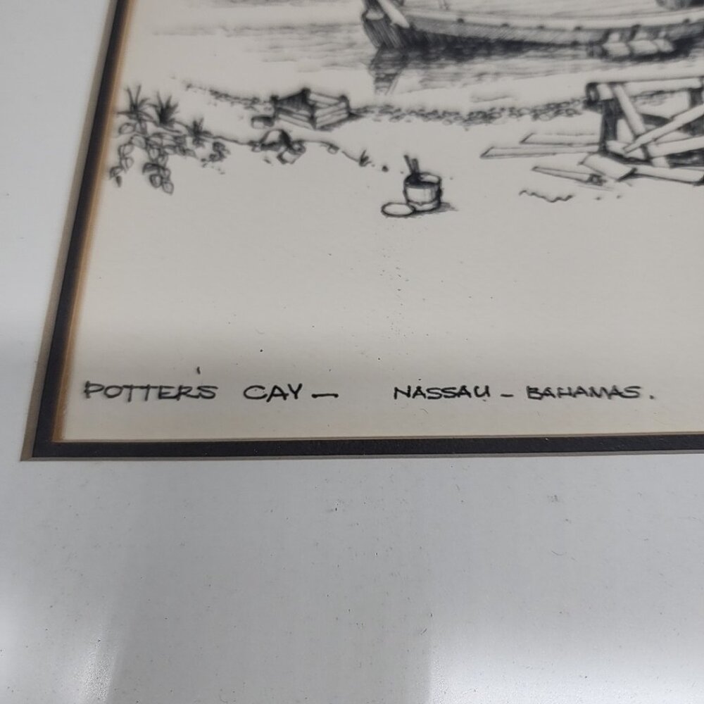 Framed Sketch Pencil Art Potters Cay Nassau Bahamas Signed Sailboat Wall Hanging - Picture 2 of 8